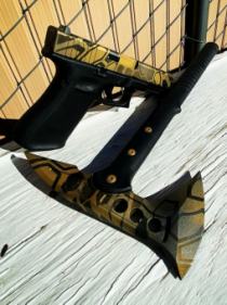 Gold Kryptek Cerakote Glock and Matching Tomahawk